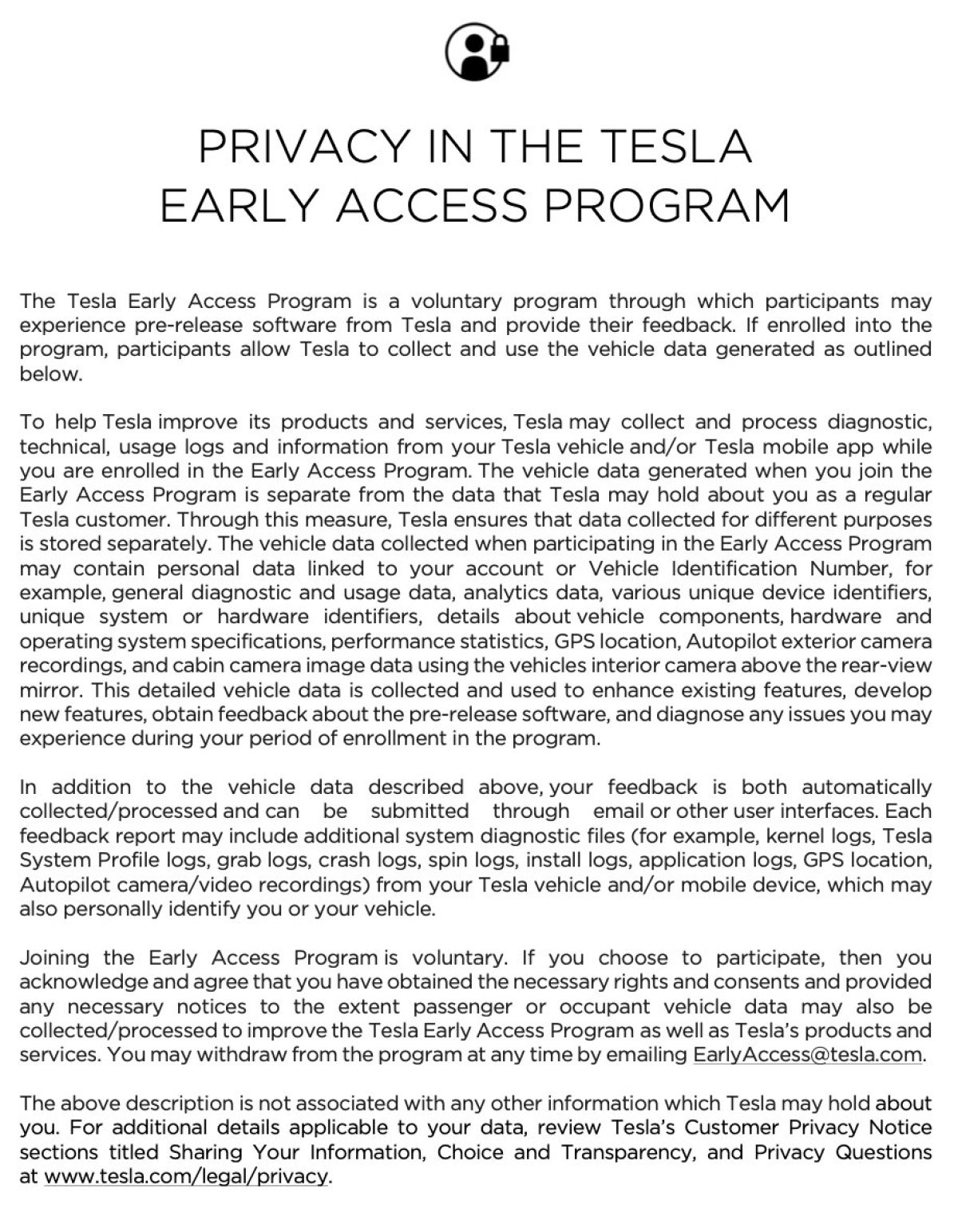 The details for the early access program's privacy policy.