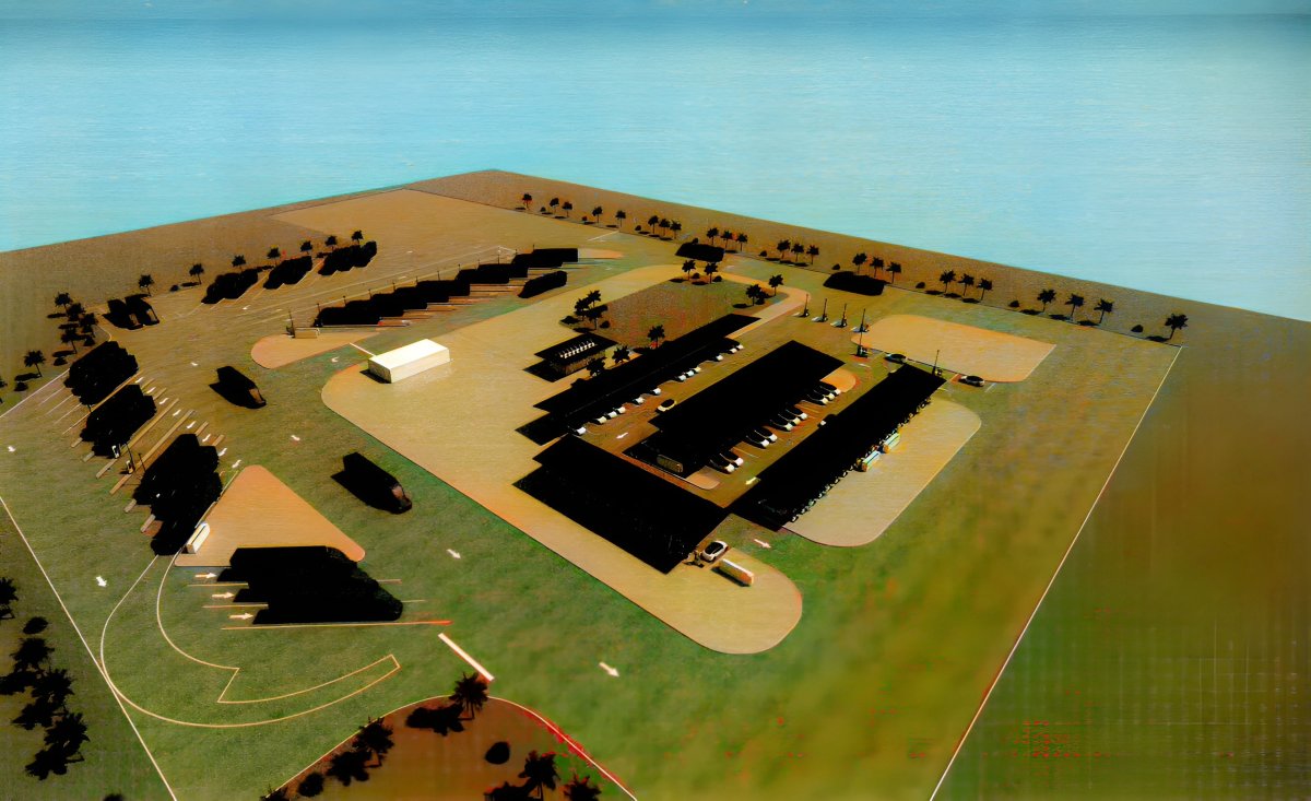 A rendering of the Kelton Way site - with the Semi Chargers on the outside, and the Covered Supercharger site in the center.