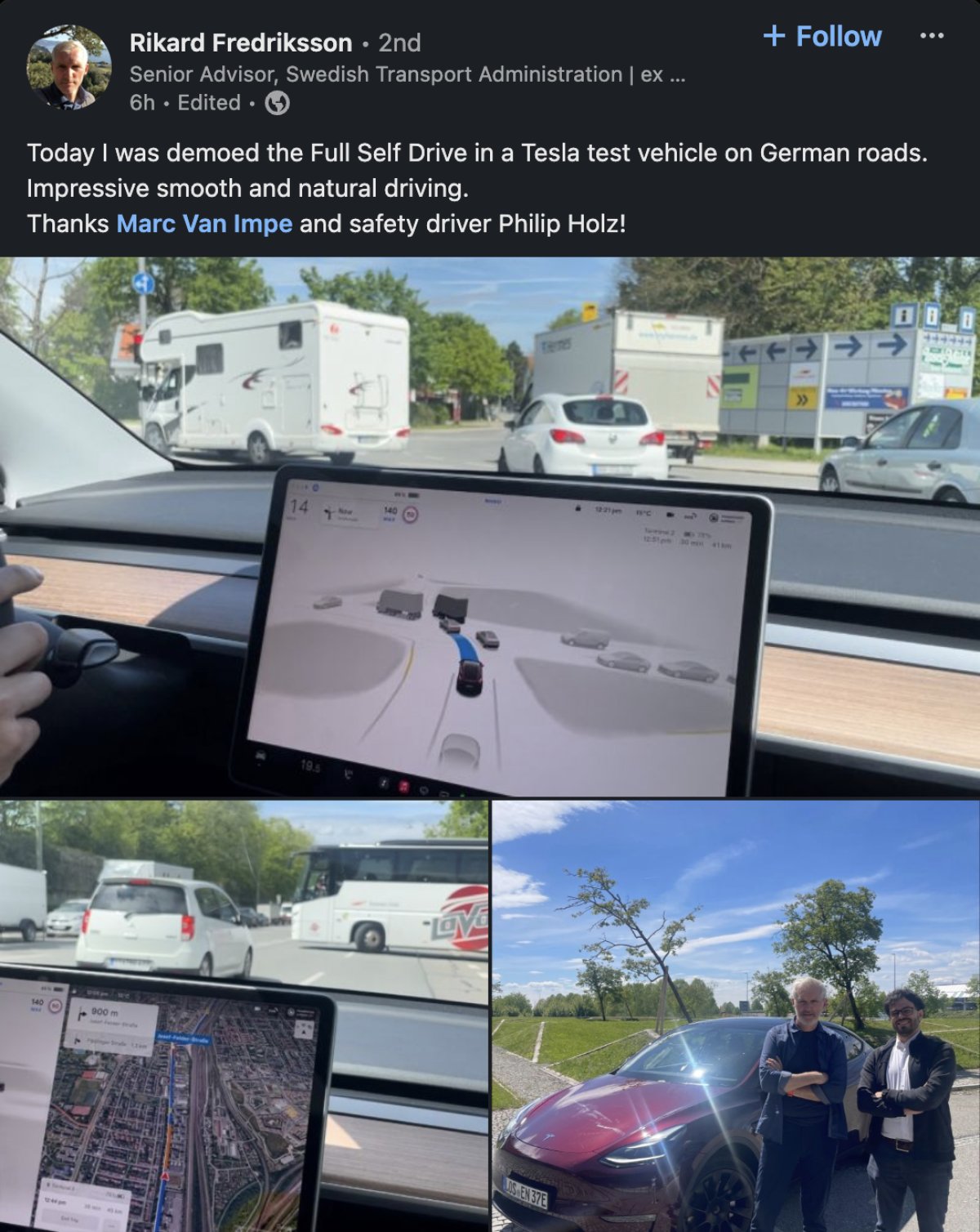 LinkedIn Post by Rikard Fredriksson after the FSD Demo in Germany