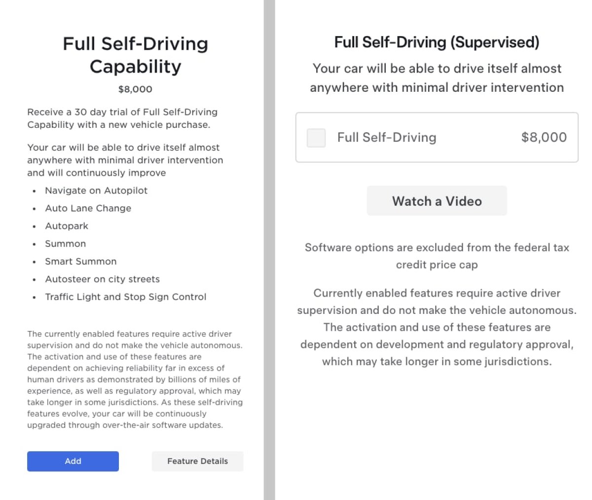 The previous FSD option you could buy from Tesla (left), and the new one (right)