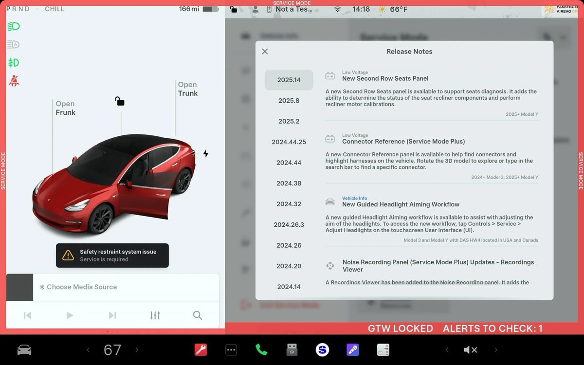 Tesla Service Mode Release Notes feature in update 2025.14.6