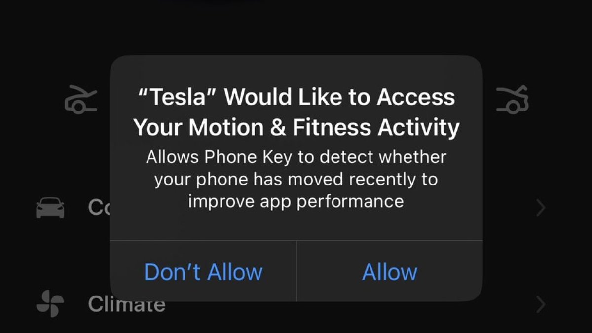 The Tesla app will now ask for 'Motion & Fitness Activity' access on iPhones