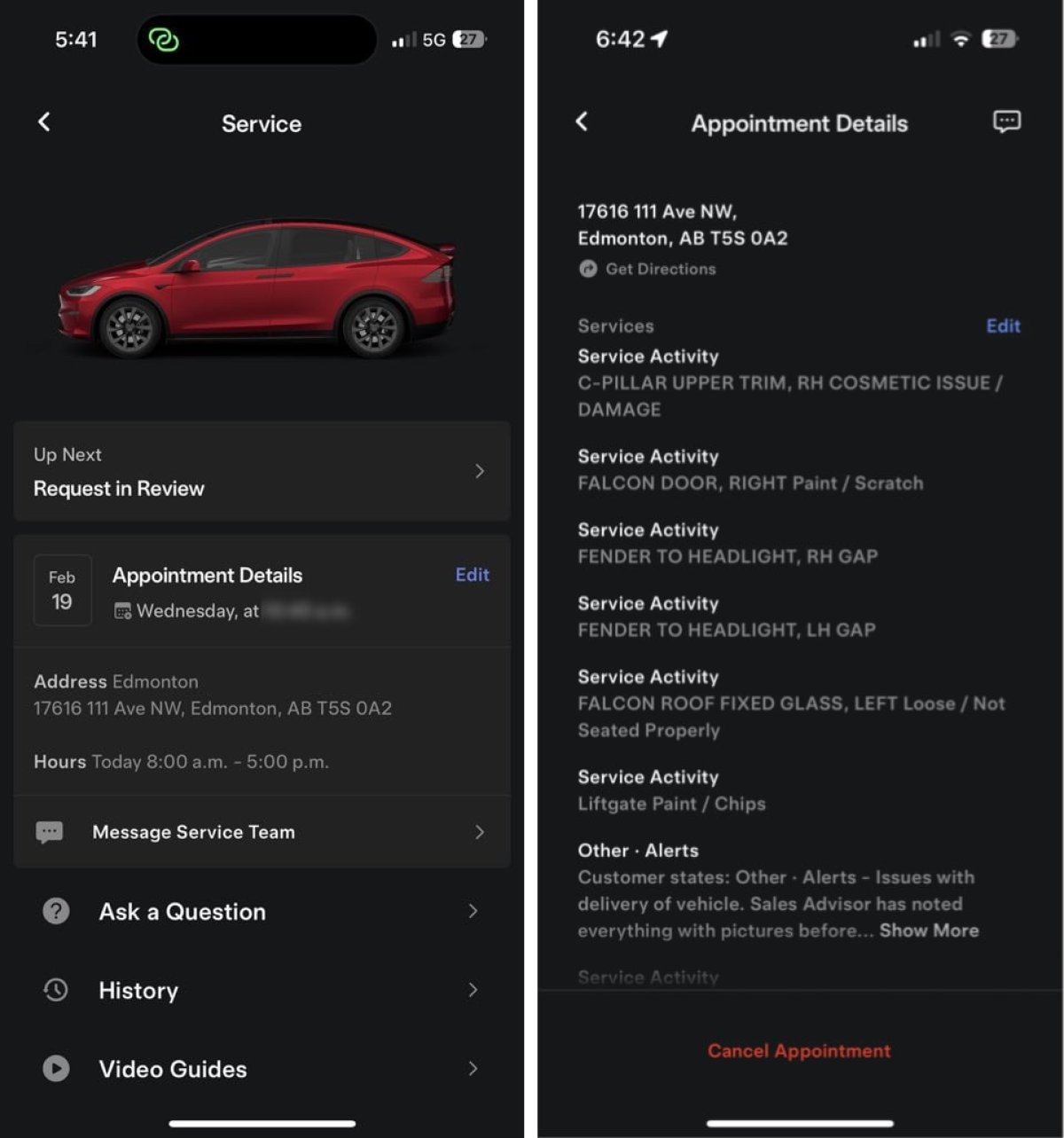The Updated Service Panel in the Tesla App