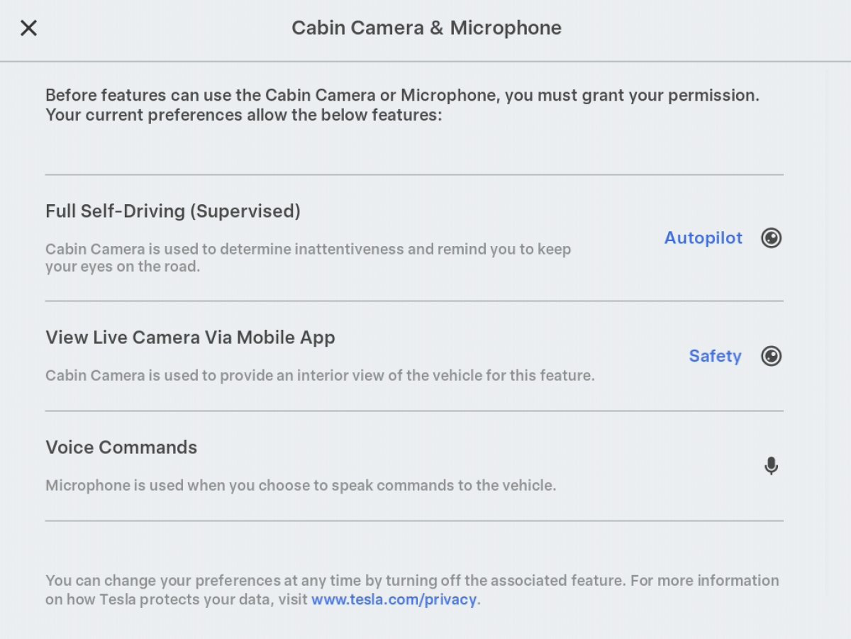 Tesla Privacy Section Now Lists Microphone feature in update 2025.20