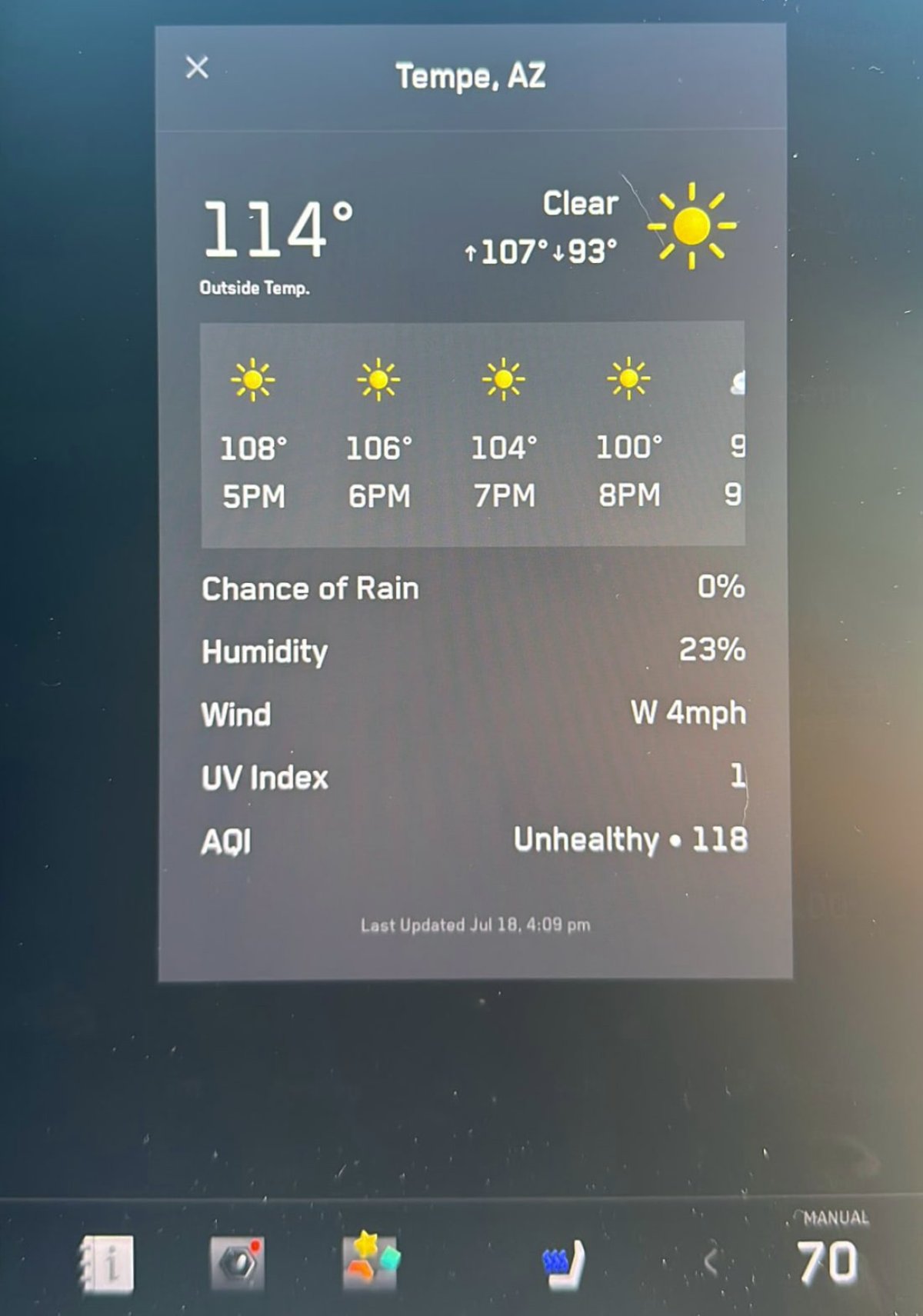 The pop-out weather panel, in Cybertruck UI style